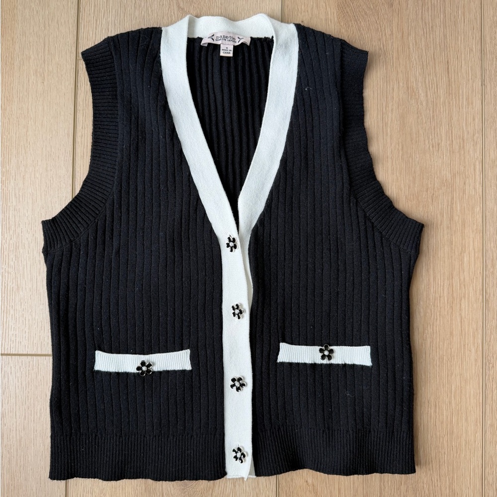 Nanette Lepore Black Sleeveless Knit Cardigan Vest with White Trim